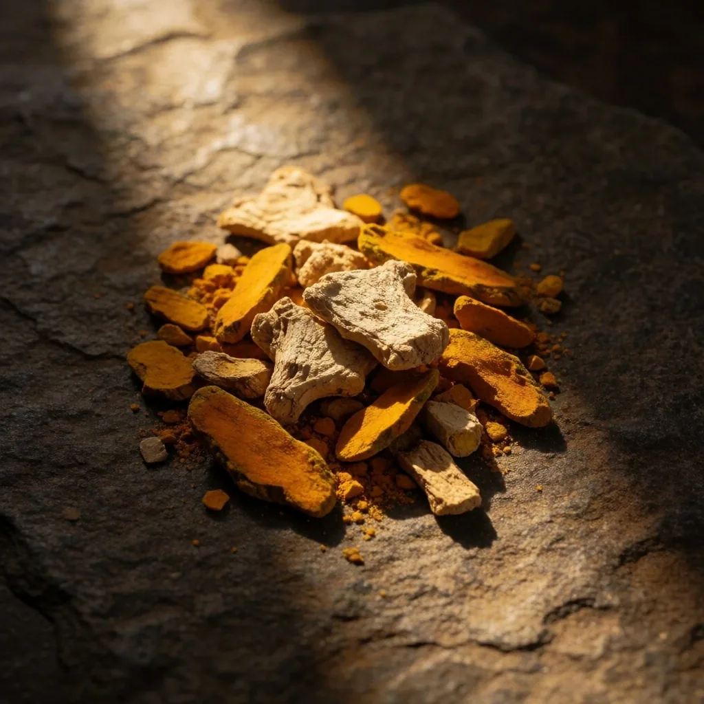 Dried ginger root and turmeric on dark stone