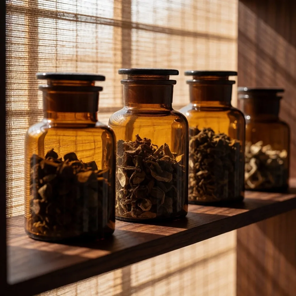 Glass jars of dried botanical herbs on a wooden shelf