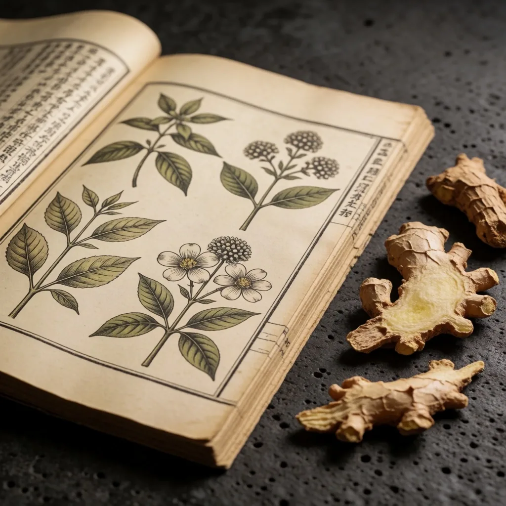Open botanical reference book with dried root specimens