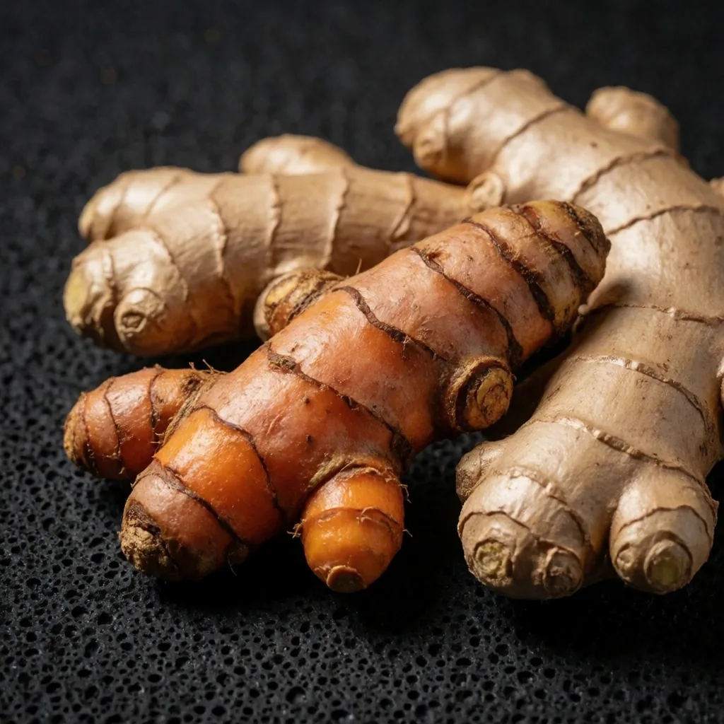 Fresh turmeric and ginger rhizomes on dark stone