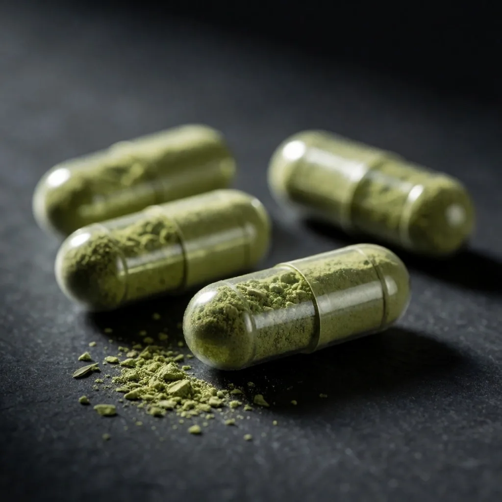 Botanical powder capsules on dark stone