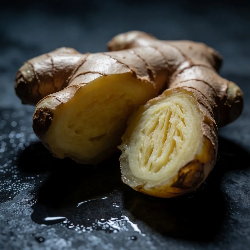 Raw Indonesian ginger root on dark stone