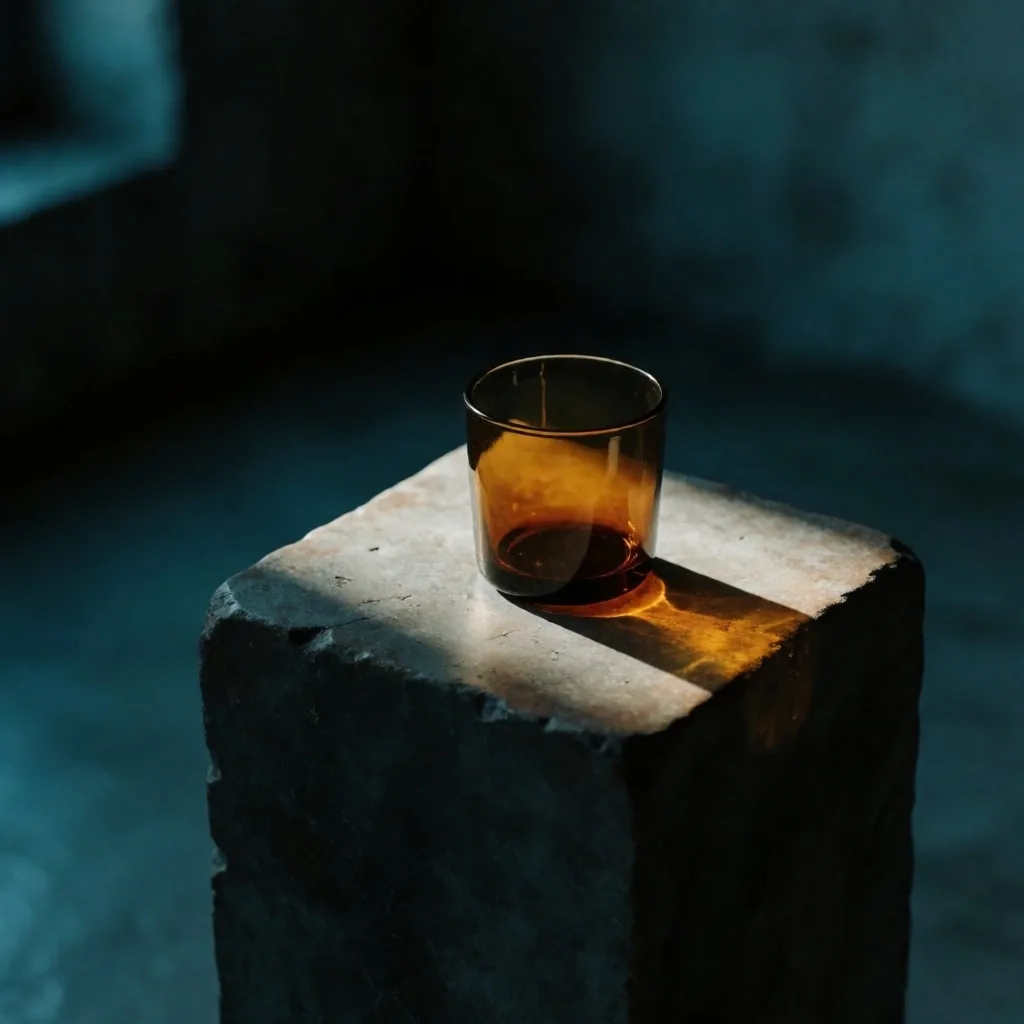 Amber glass tumbler on stone in dim light