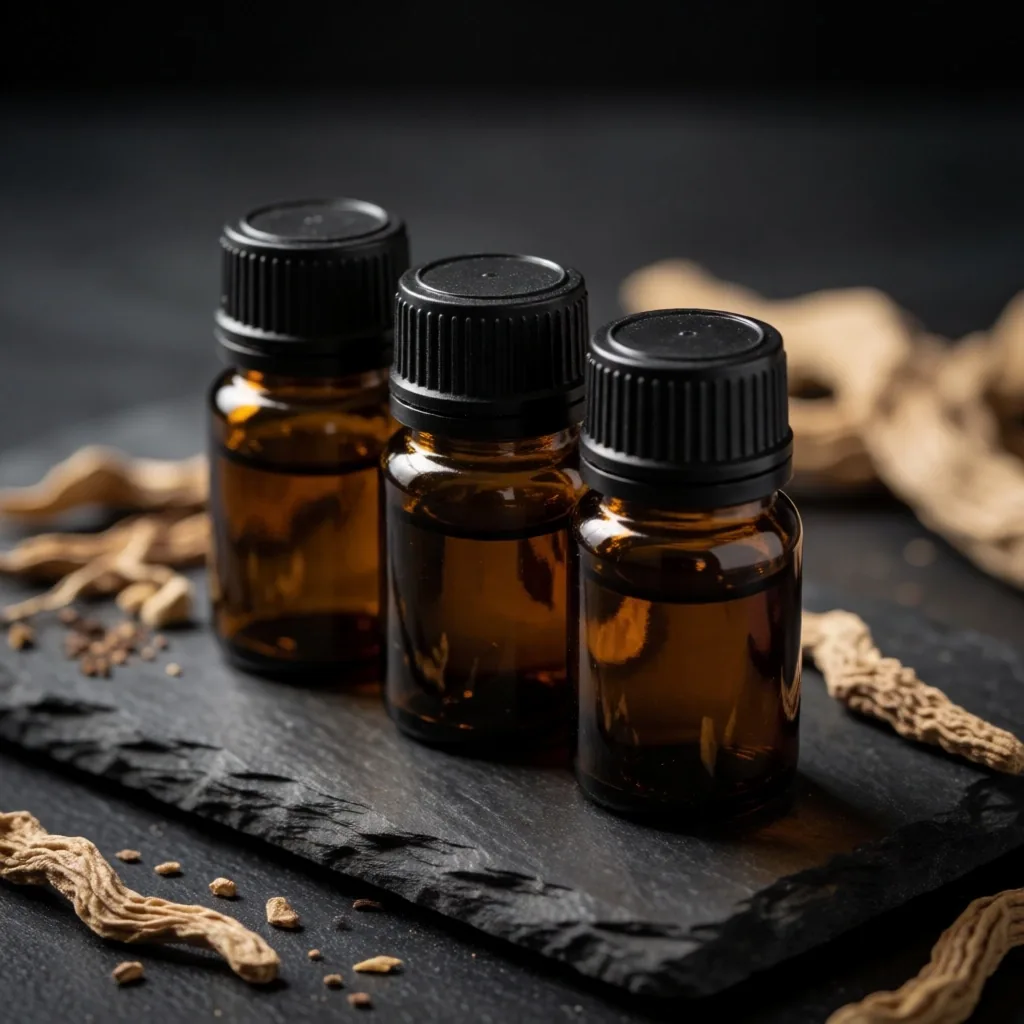 Amber supplement bottles on dark stone with botanical roots